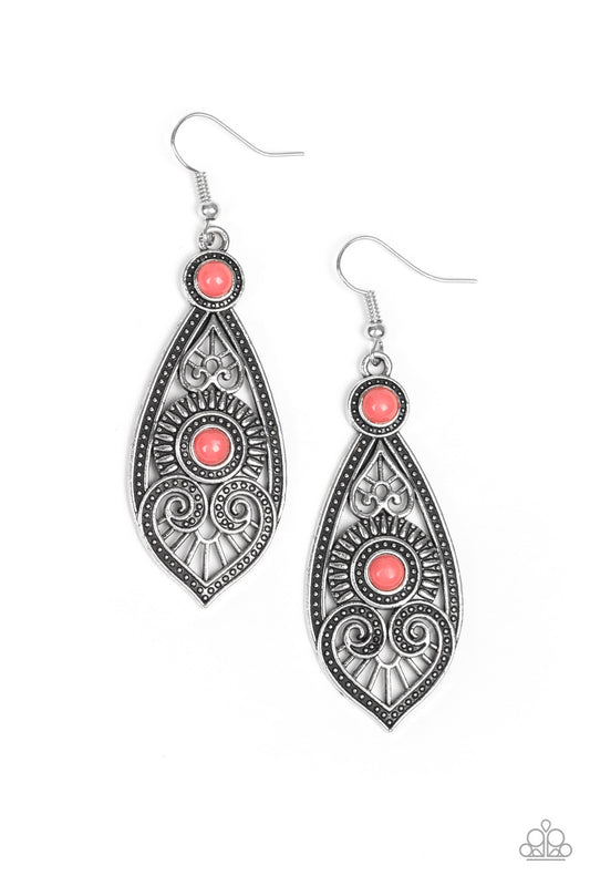 SWEETLY SIREN - PINK BEADS TEXTURED ALMOND SHAPE SILVER PENDANT EARRINGS