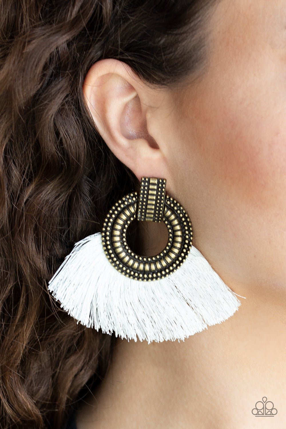 I AM SPARTACUS - BRASS POST WHITE THREAD FRINGE EARRINGS