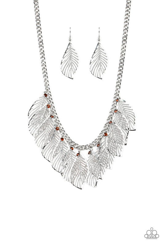 FEATHERY FOLIAGE - BROWN TOPAZ RHINESTONES FEATHER FRINGE NECKLACE