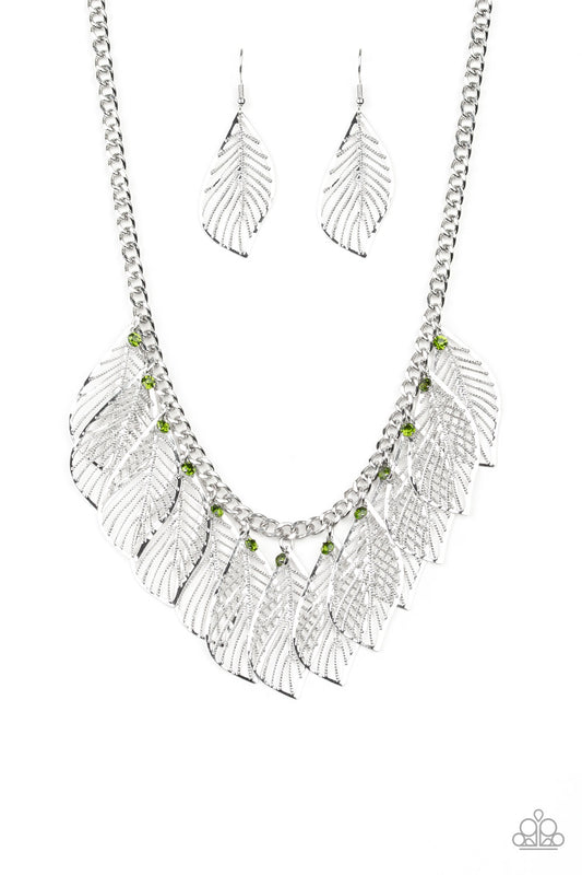 FEATHERY FOLIAGE - GREEN RHINESTONES FEATHER FRINGE NECKLACE