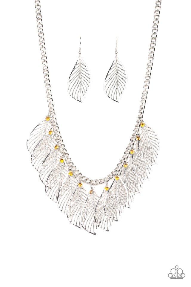 FEATHERY FOLIAGE - YELLOW TOPAZ RHINESTONES FEATHER FRINGE NECKLACE