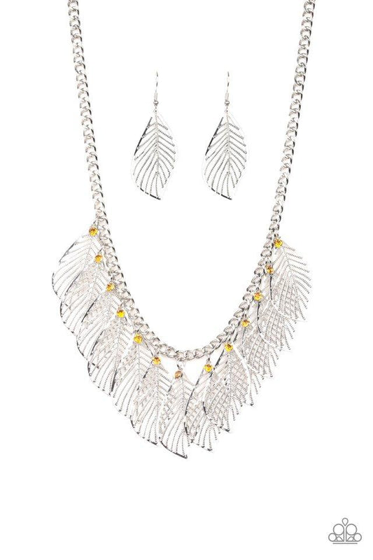 FEATHERY FOLIAGE - YELLOW TOPAZ RHINESTONES FEATHER FRINGE NECKLACE