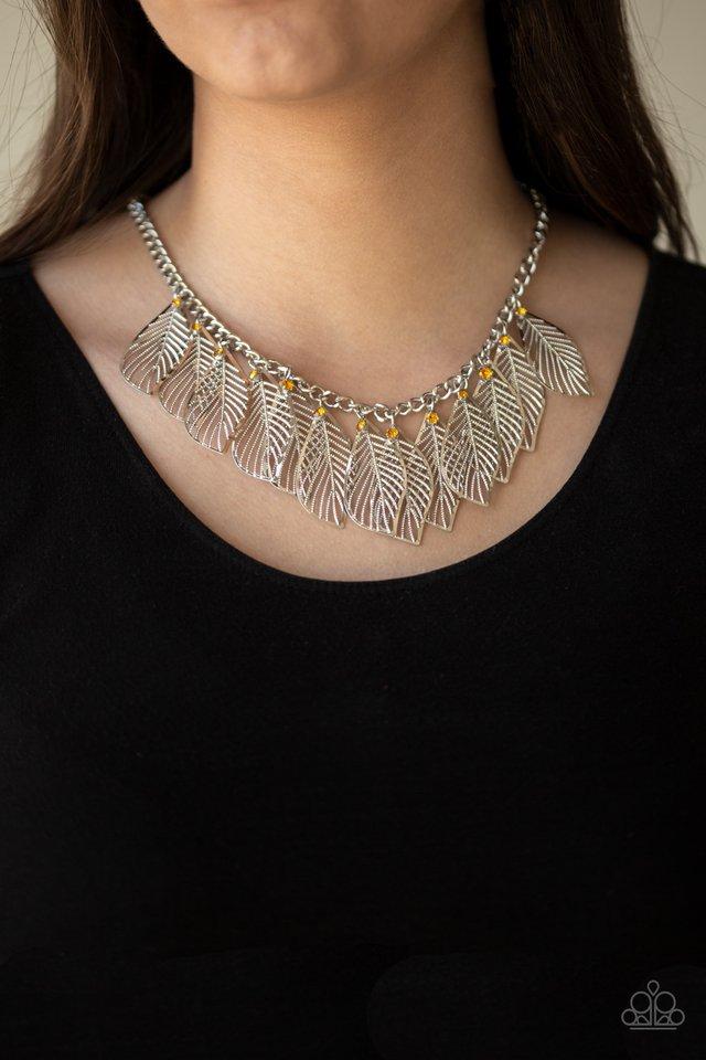 FEATHERY FOLIAGE - YELLOW TOPAZ RHINESTONES FEATHER FRINGE NECKLACE