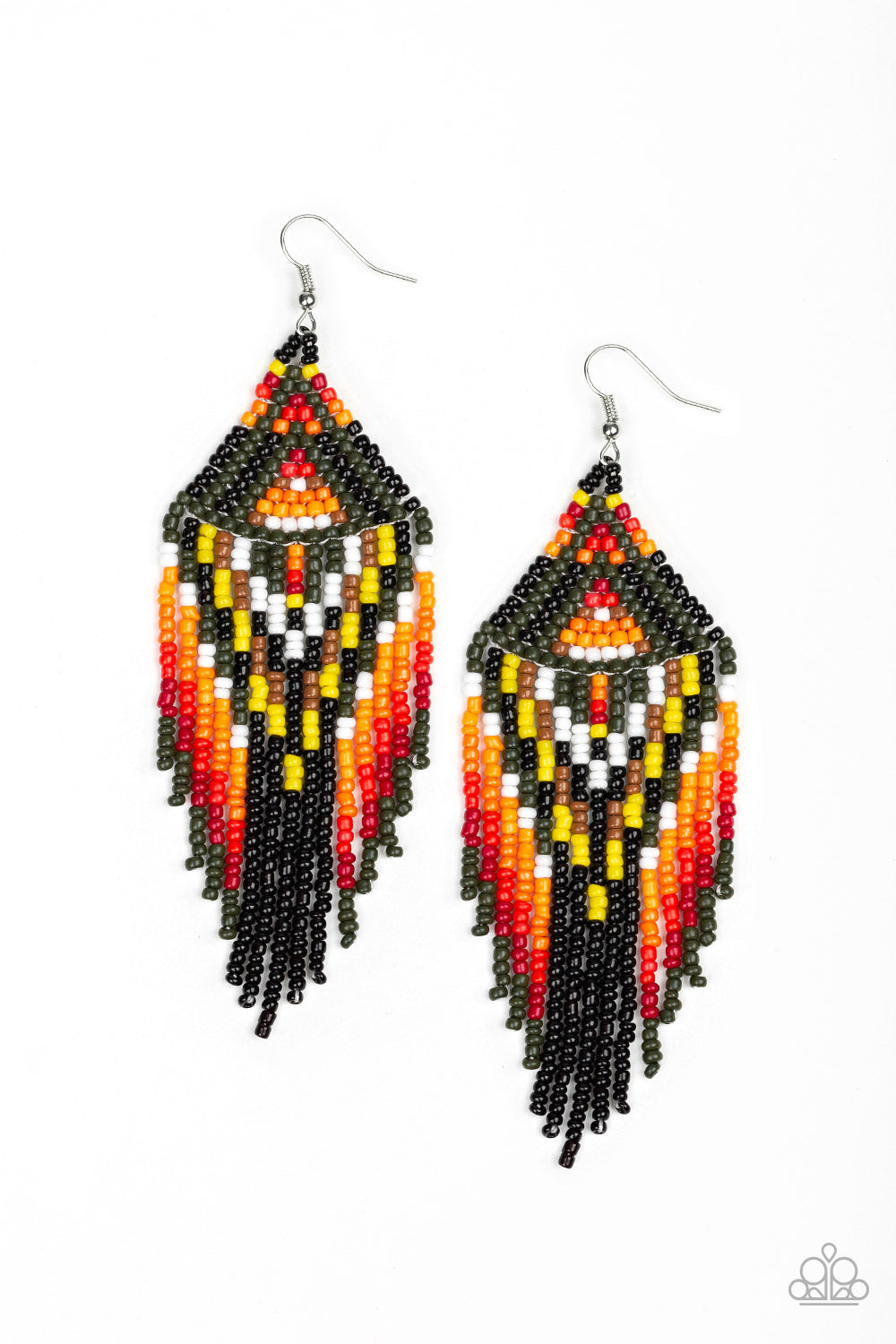 BOHO BLAST - GREEN BLACK BROWN RED YELLOW BROWN WHITE SEEDBEAD BOHO BOHEMIAN EARRINGS