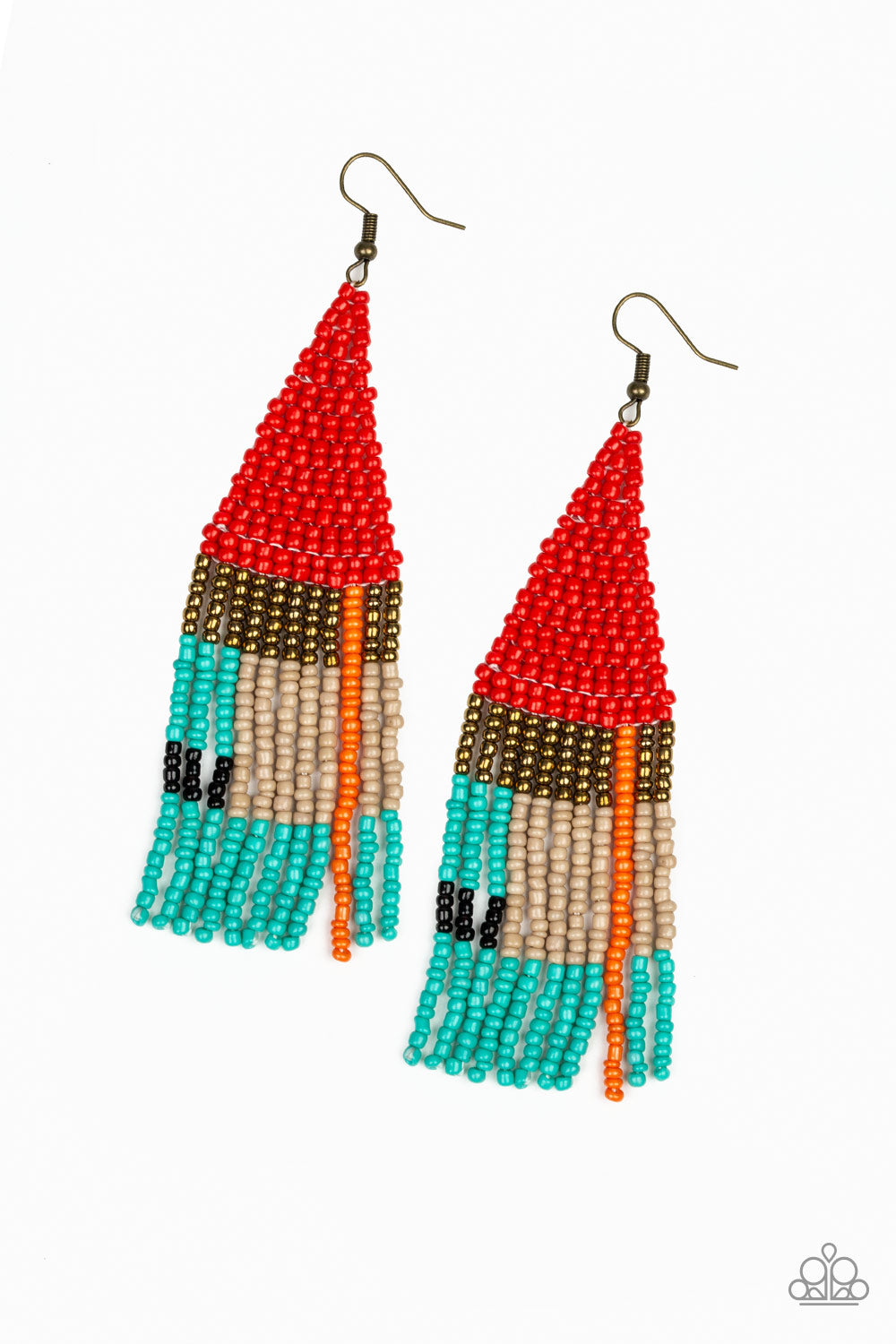 BEADED BOHO - RED BROWN TAN BLUE ORANGE BLACK SEEDBEAD EARRINGS