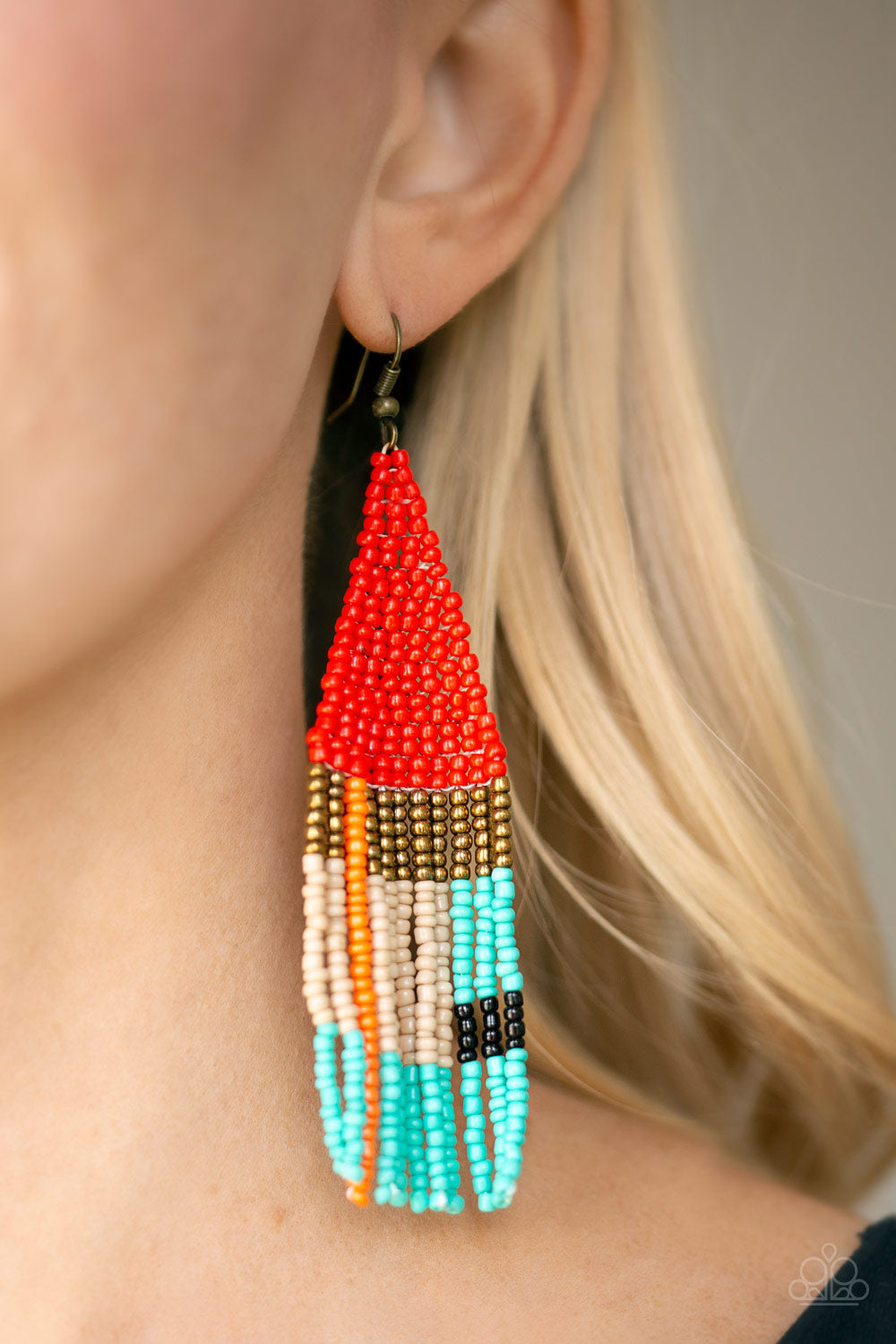 BEADED BOHO - RED BROWN TAN BLUE ORANGE BLACK SEEDBEAD EARRINGS