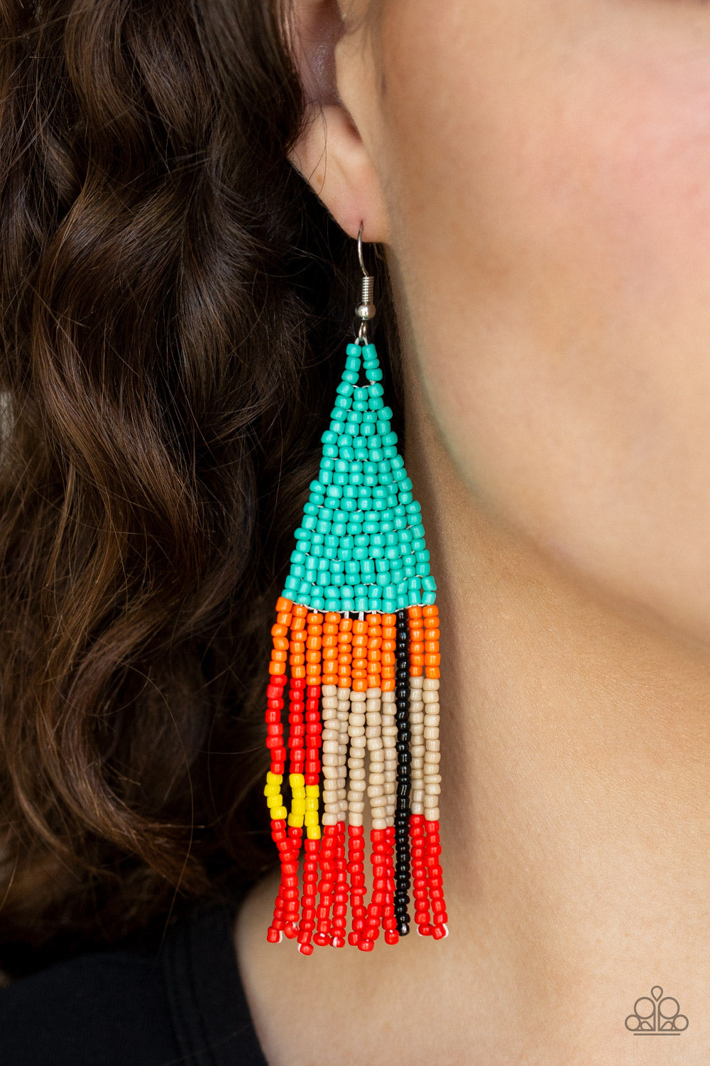 BEADED BOHO - BLUE ORAGNE TAN RED YELLOW BLACK SEEDBEAD EARRINGS