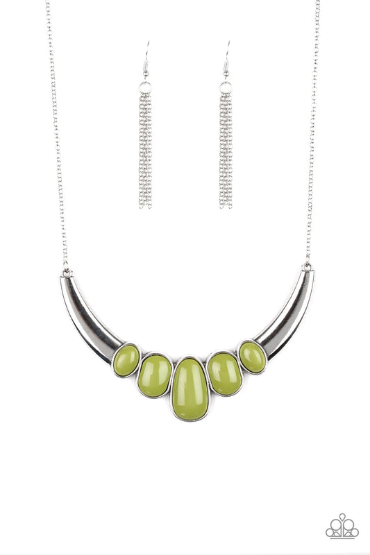 A BULL HOUSE - GREEN AVOCADO OVAL BEADS SILVER CRESCENT NECKLACE