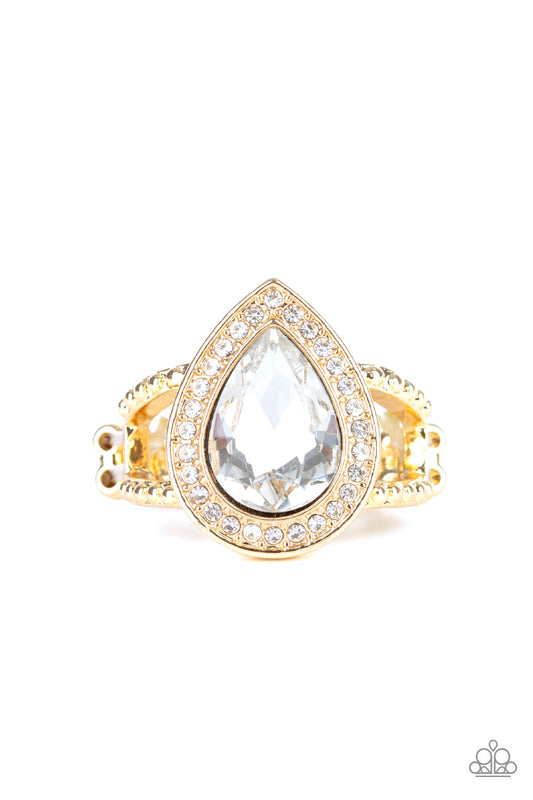 HOLLYWOOD HEIRLOOM - GOLD WHITE RHINESTONE TEARDROP RING
