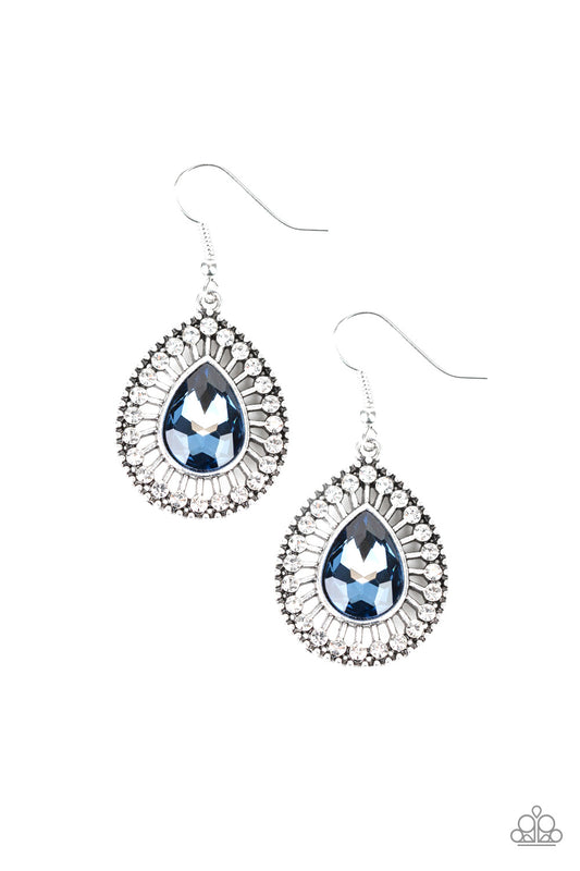 LIMO SERVICE - BLUE SAPPPHIRE RHINESTONE TEARDROP CLEAR RHINESTONES EARRINGS