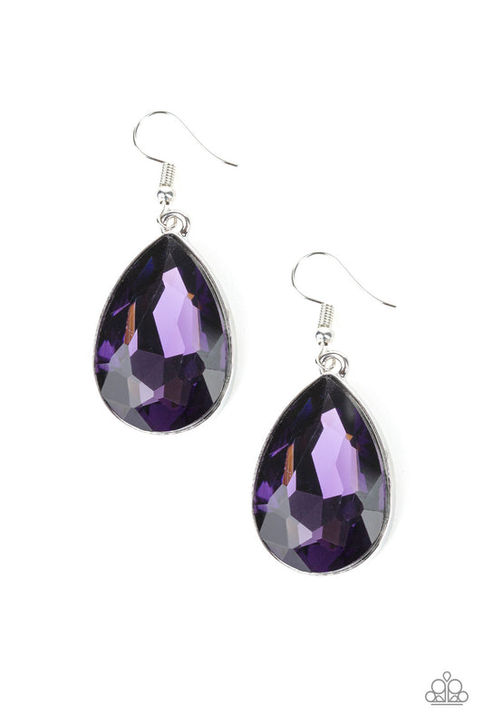 LIMO RIDE - PURPLE LARGE AMETHYST RHINESTONE SOLITAIRE PENDANT EARRINGS