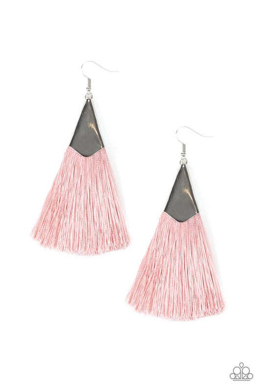 IN FULL PLUME - PINK THREAD SILVER BAIL FRINGE TASSEL EARRINGS