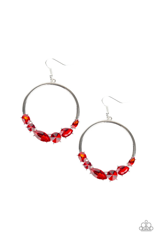 LEGENDARY LUMINESCENCE - RED RUBY RHINESTONES SILVER CIRCLE HOOP EARRINGS