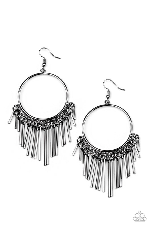 SOL FOOD - BLACK GUNMETAL CIRCLE HOOP FRINGE EARRINGS