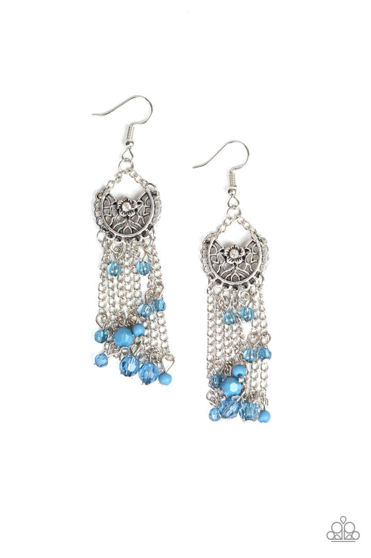 DAISY DAYDREAM - BLUE BEADS SILVER CHAINS FRINGE CHANDELIER EARRINGS