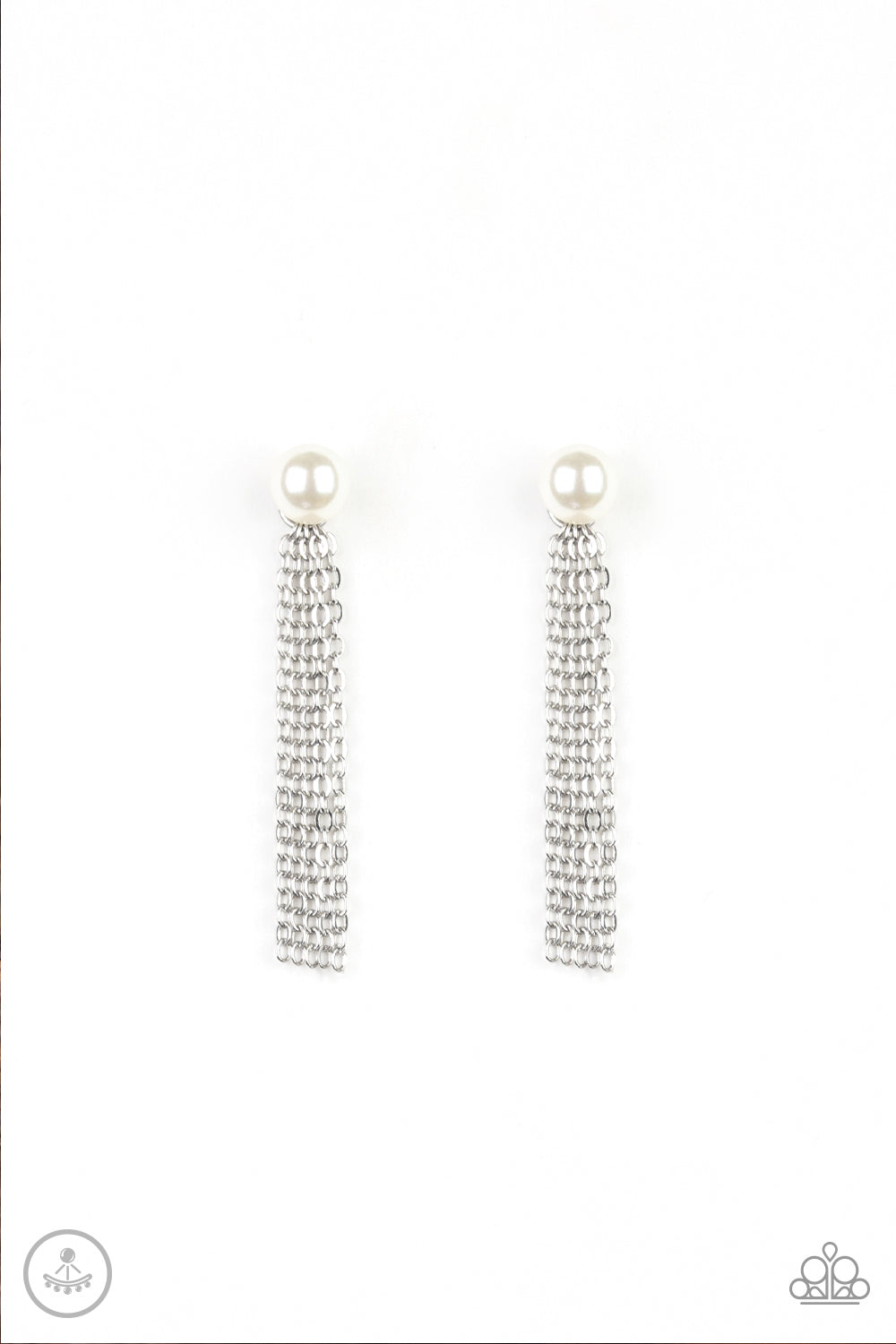 REBEL REFINEMENT - WHITE PEARL SILVER CHAINS DOUBLE POST EAR JACKET EARRINGS