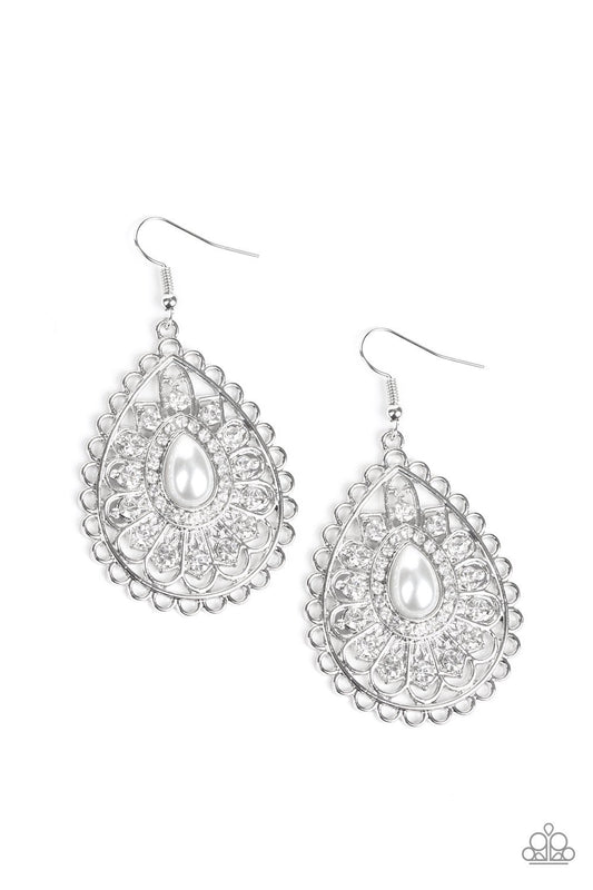 GLAMOUR GRANDEUR - WHITE PEARL CLEAR RHINESTONES TEARDROP PENDANT EARRINGS