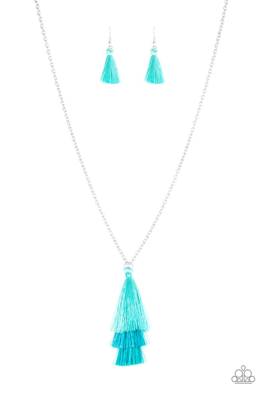 TRIPLE THE TASSEL - BLUE AQUA TRIPLE TASSELS NECKLACE