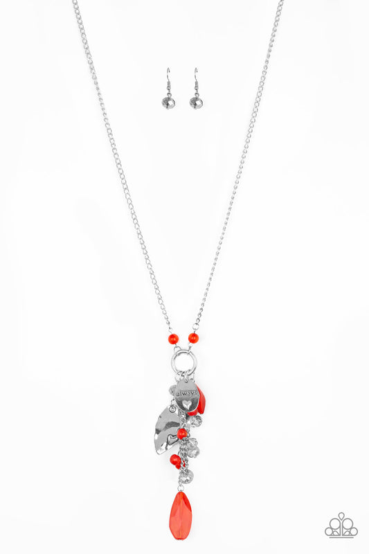 HEARTS CONTENT - RED BEADS SILVER HEARTS CHARM TASSEL CLUSTER NECKLACE