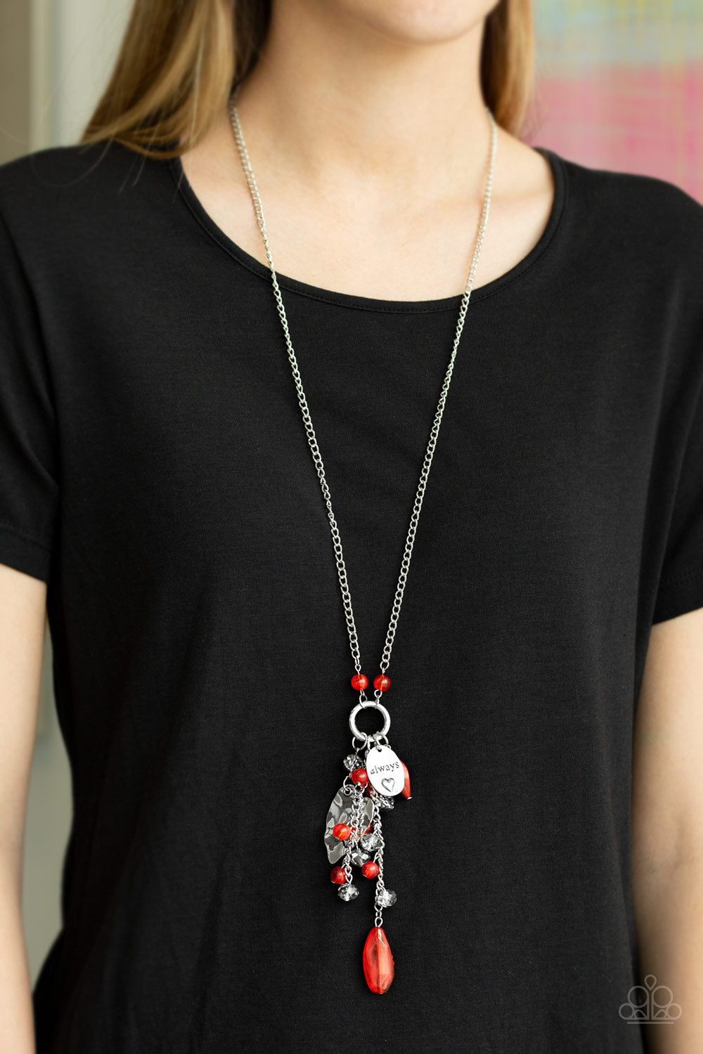 HEARTS CONTENT - RED BEADS SILVER HEARTS CHARM TASSEL CLUSTER NECKLACE