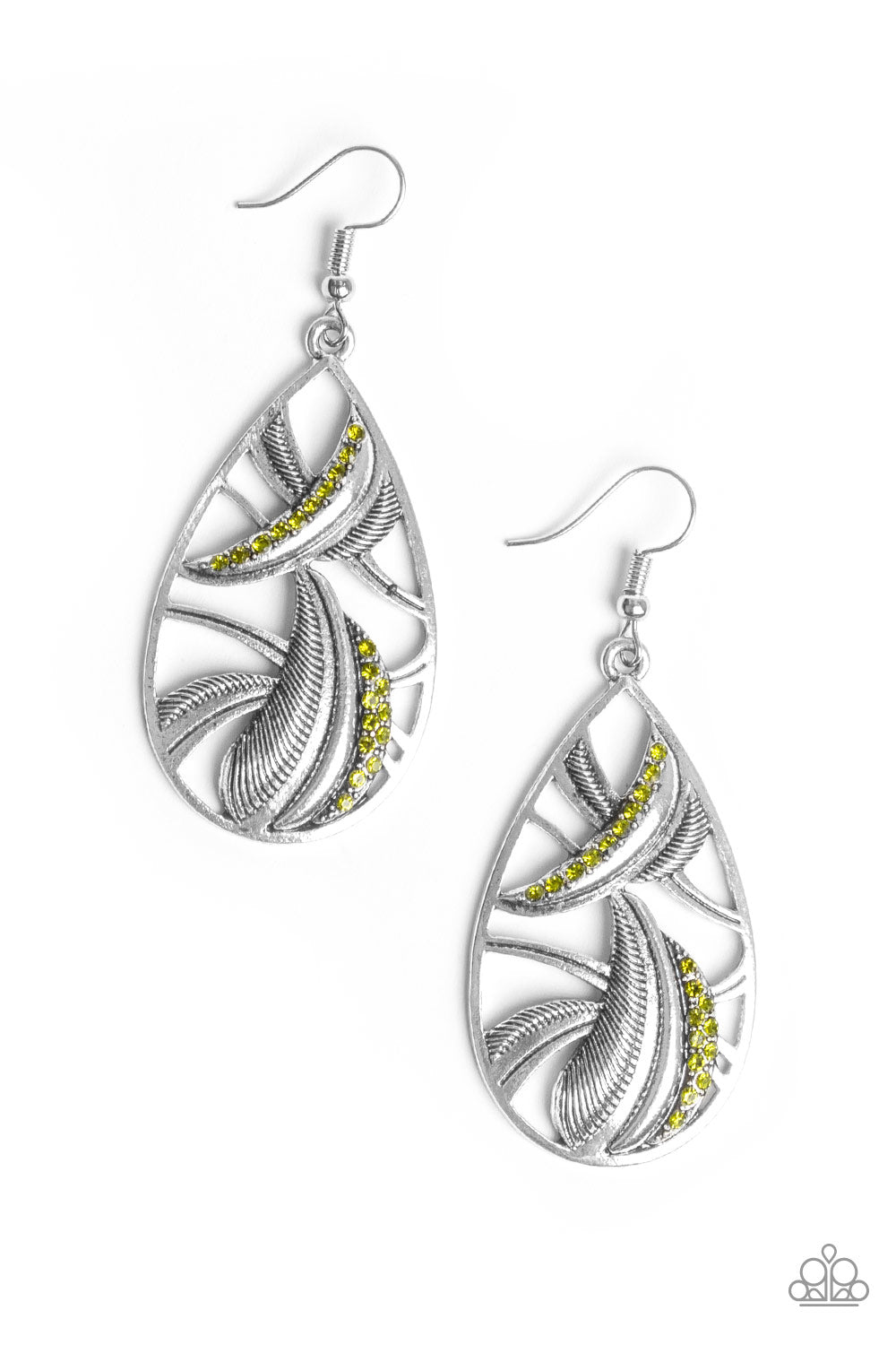 UNDERESTIMATED - GREEN PERIDOT RHINESTONES VINE LEAVES TEXTURED TEARDROP EARRINGS