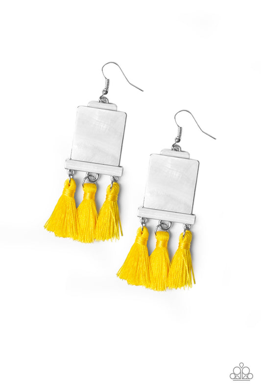 TASSEL RETREAT - YELLOW NEON FRINGE WHITE MOTHER OF PEARL SQUARE EARRINGS