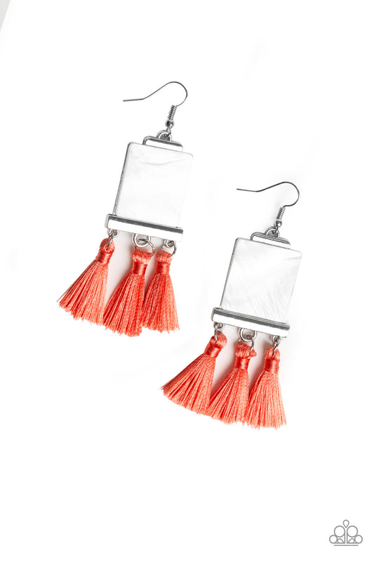 TASSEL RETREAT - ORANGE NEON FRINGE WHITE MOTHER OF PEARL SQUARE EARRINGS