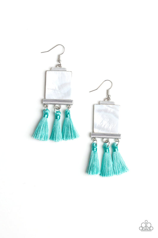 TASSEL RETREAT - BLUE TASSEL FRINGE WHITE MOTHER OF PEARL SQUARE EARRINGS