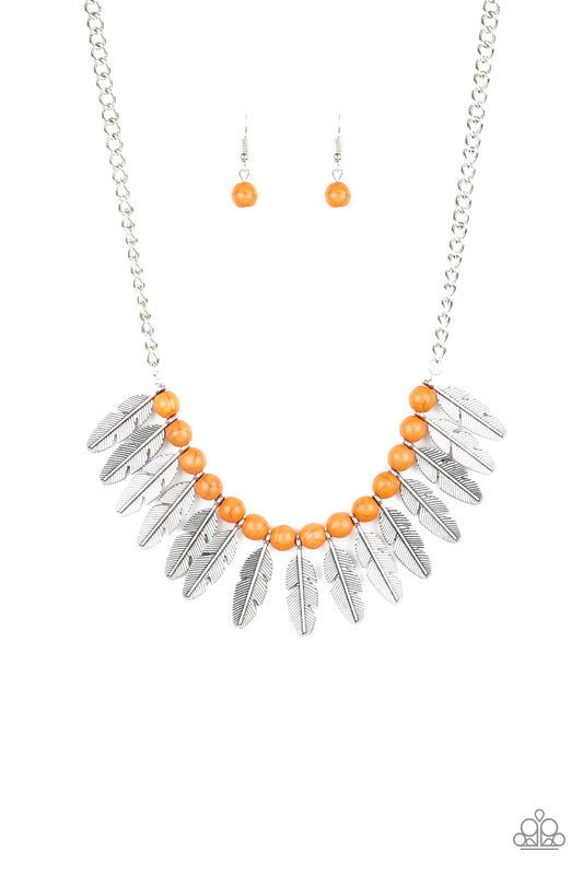DESERT PLUMES - ORANGE CRACKLE STONE & SILVER FEATHERS NECKLACE
