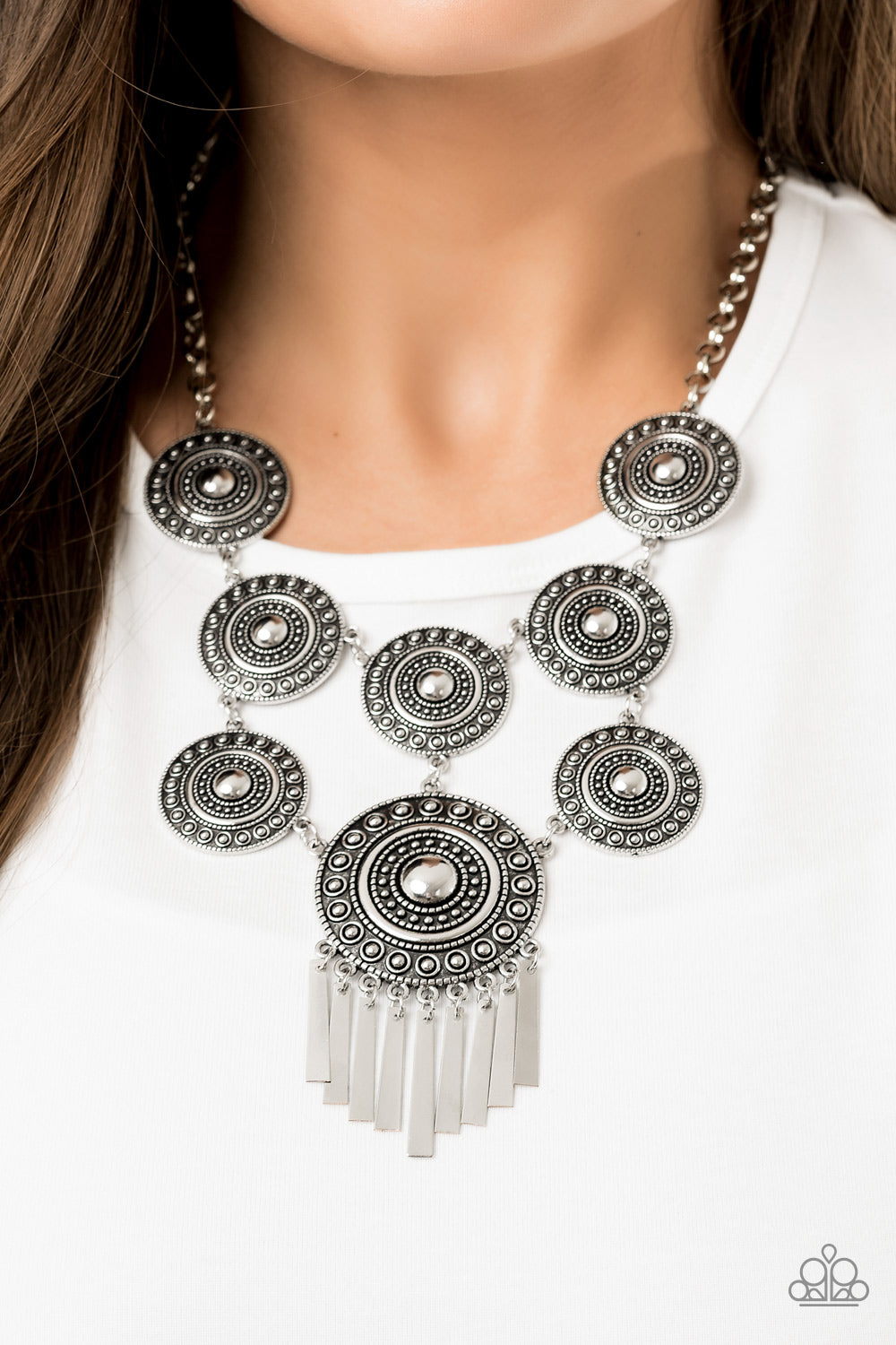 MODERN MEDALIST - SILVER SHIELDS AND FRINGE NECKLACE
