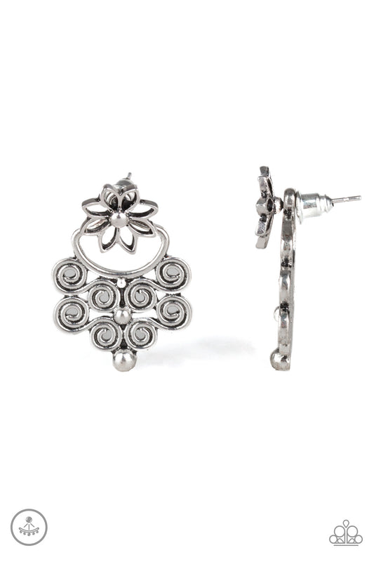 GARDEN SPINDRIFT - SILVER TWISTED ROLLED FLOWER EAR JACKET DOUBLE POST EARRINGS