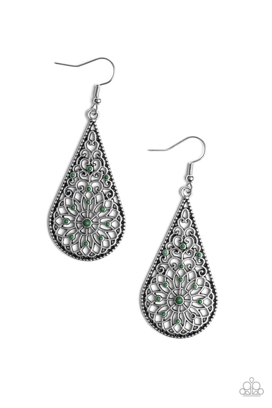 MANDALA MAKEOVER - GREEN BEADS TEARDROP SILVER FLORAL MANDALAS TEARDROP EARRINGS