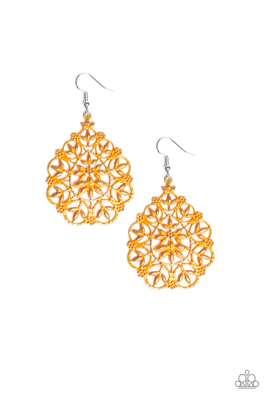 GARDEN PARTY PRINCESS - ORANGE FILIGREE FLORAL CUT OUT TEARDROP EARRINGS
