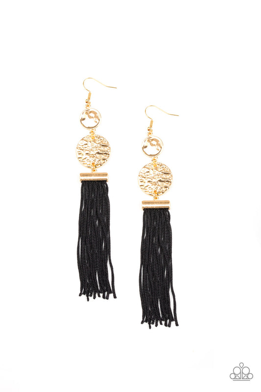 LOTUS GARDENS - GOLD HAMMERED DISC BLACK THREAD TASSELS EARRINGS