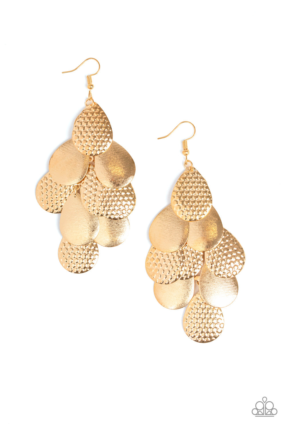 CHIME TIME - GOLD TEXTURED TEARDROPS CHIME WATERFALL CASCADE EARRINGS