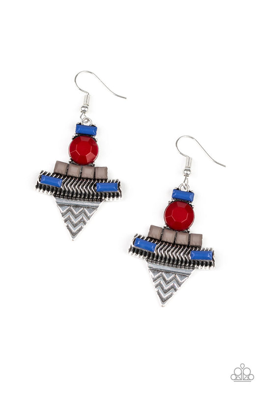 TRIBAL TERRAIN - MULTI BLUE RED GRAY BEADS CHEVRON SILVER EARRINGS