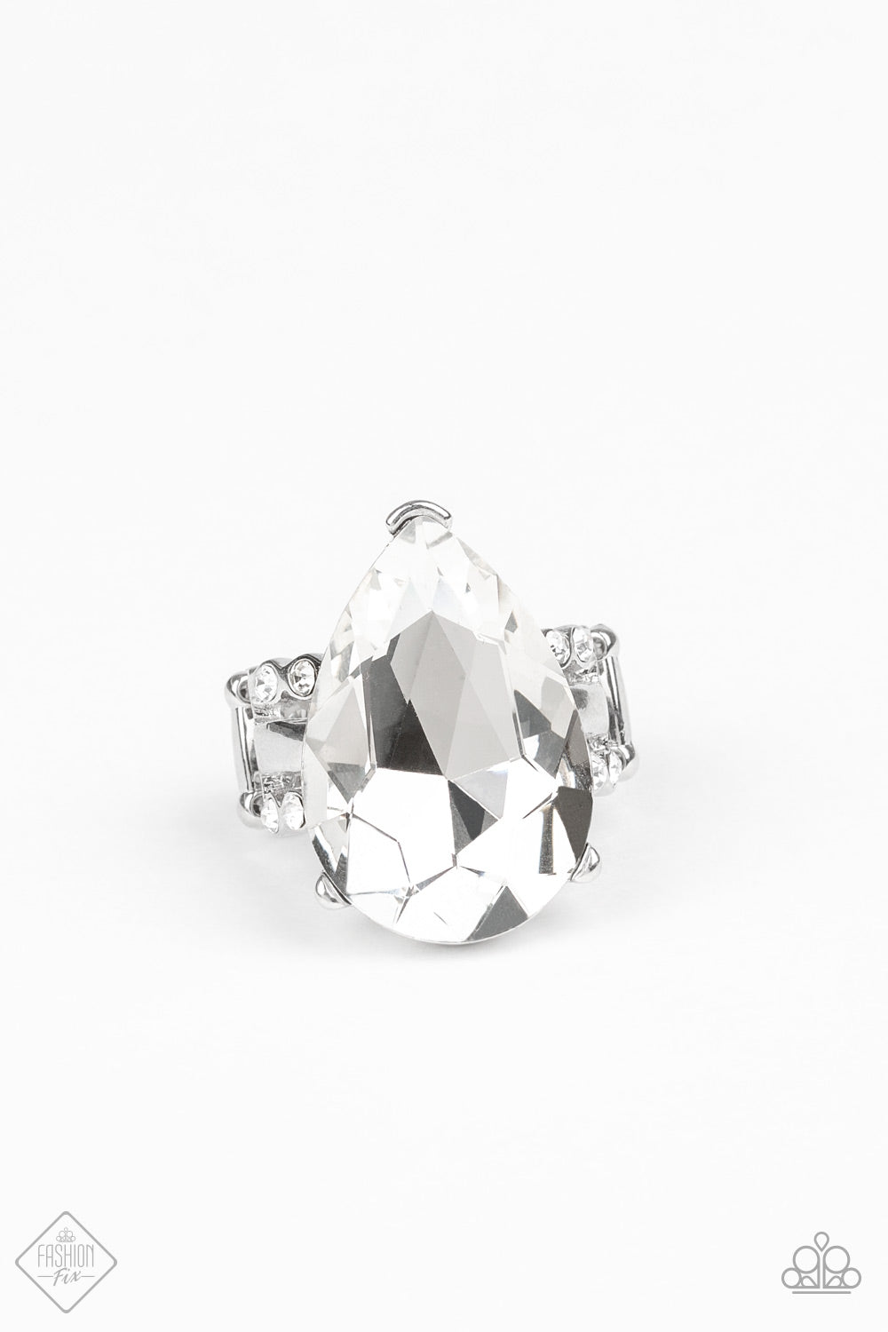 DINING ON DAZZLE - WHITE LARGE RHINESTONE TEARDROP FASHION FIX RING