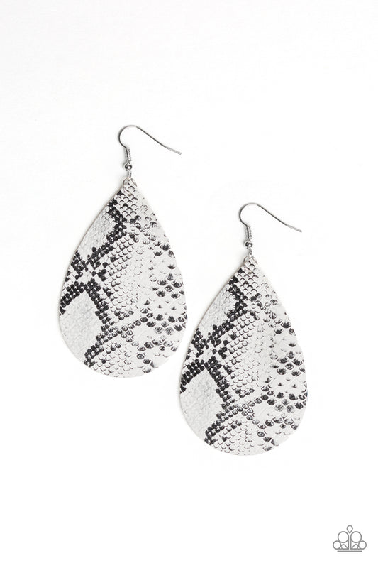HISS, HISS - WHITE GRAY SNAKE SKIN TEARDROP LEATHER EARRINGS