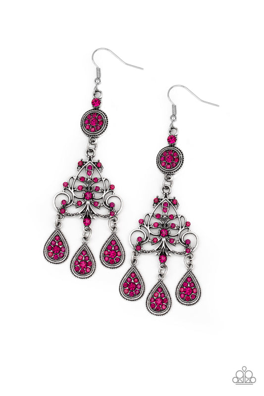 ROYAL RENOVATION - PINK RHINESTONES SILVER CHANELIER EARRINGS