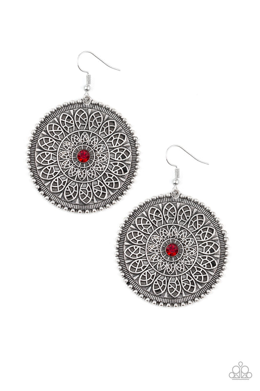 WHEEL AND GRACE - RED RUBY RHINESTONE ROUND MANDALA FILIGREE EARRINGS