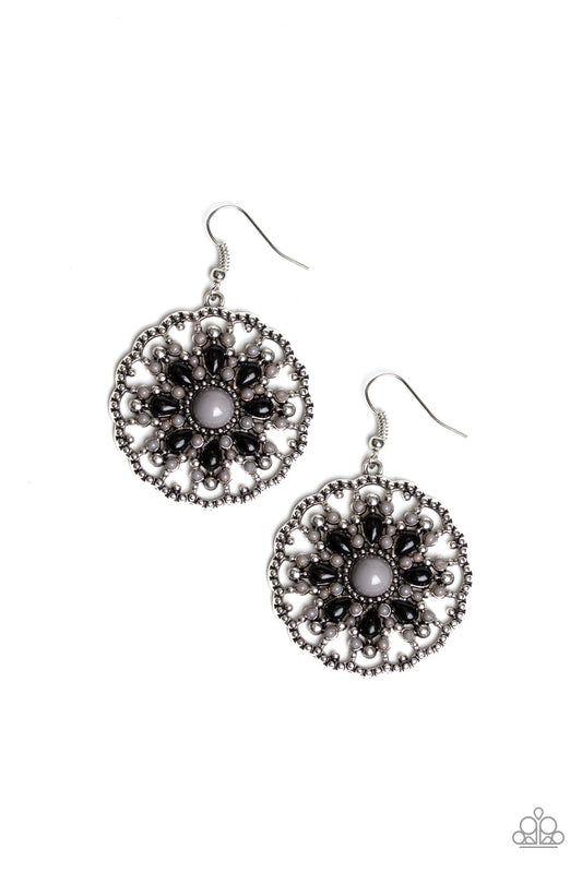 MARDI GRAS GARDEN - SILVER GRAY BLACK BEADS FLORAL FLOWER PENDANT EARRINGS