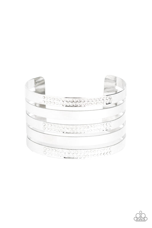 BIG TIME SHINE - WHITE RHINESTONES SILVER BAR CUFF BRACELET