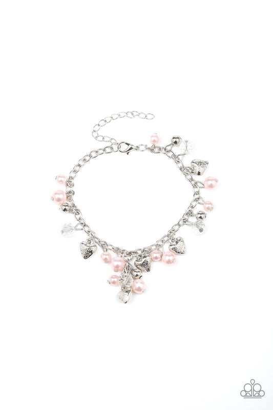 HEART HAVEN - PINK PEARLS SILVER HEARTS CHARM BRACELET