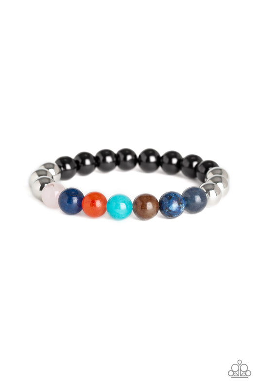 REFLECTION - MULTI COLOR BLUE AQUA BROWN SILVER BLACK ORANGE POLISHED NATURAL STONES STRETCH BRACELET