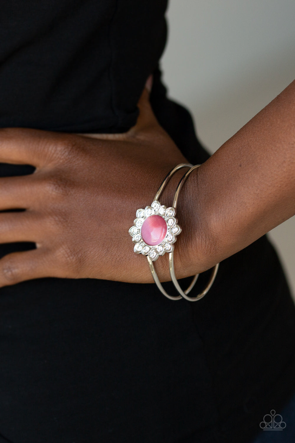 PALACE DREAM - PINK MOONSTONE WHITE DIAMOND RHINESTONES FLORAL CUFF BRACELET