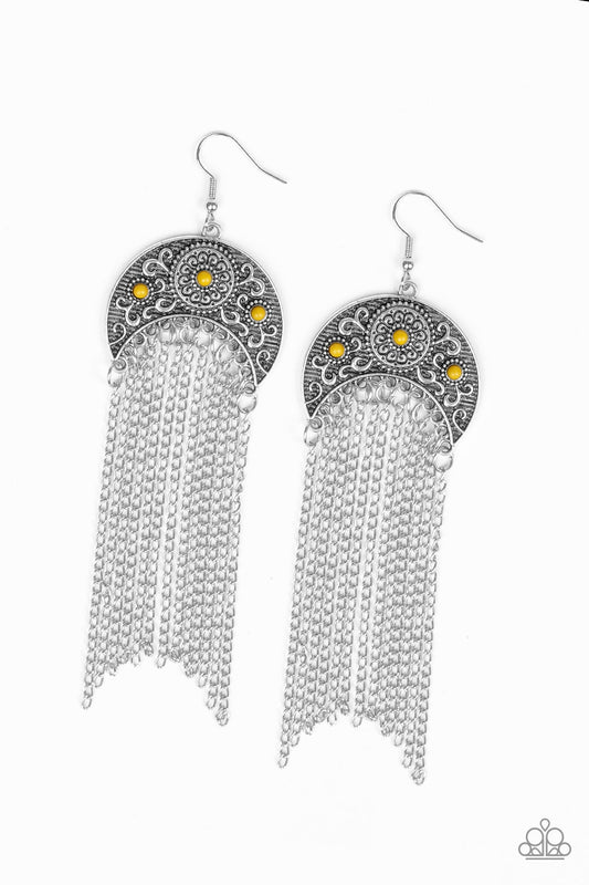 LUNAR MELODY - YELLOW BEAD FLORAL CRESCENT MOON SILVER CHAIN TASSEL EARRINGS