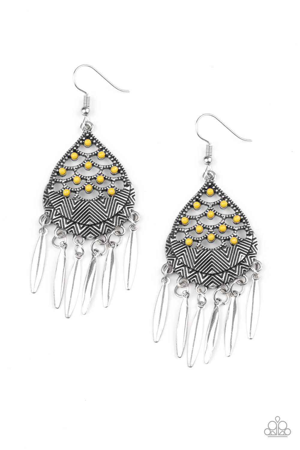 WOLF DEN - YELLOW BEADS SILVER FRINGE EARRINGS