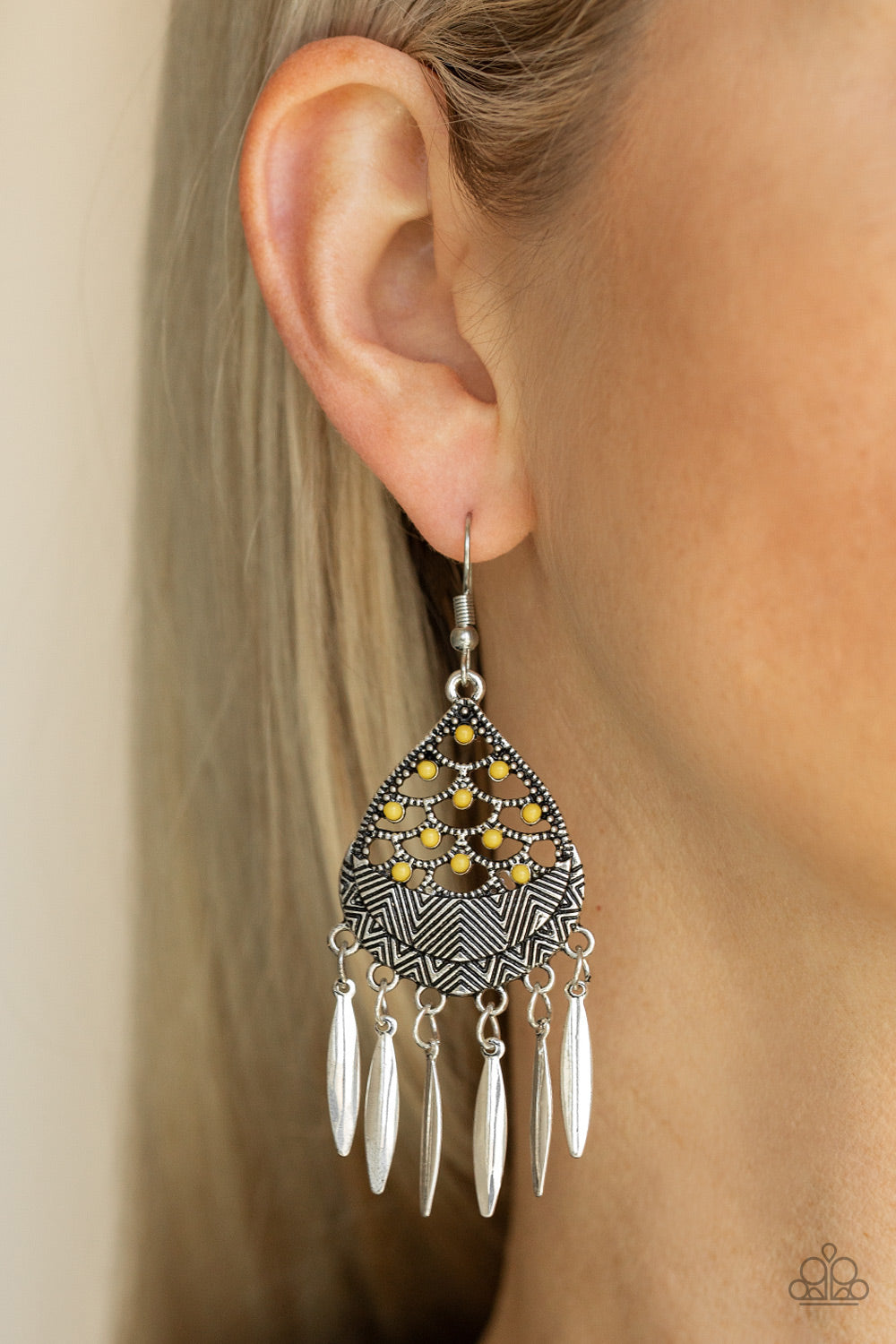 WOLF DEN - YELLOW BEADS SILVER FRINGE EARRINGS