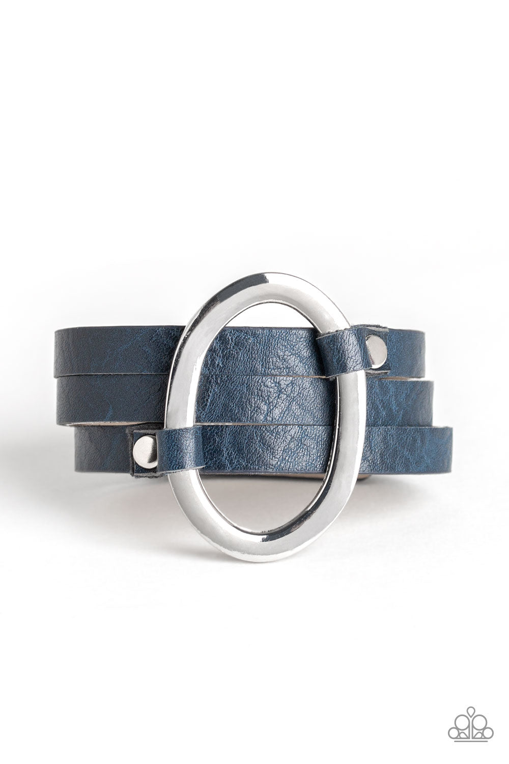 COWGIRL CAVALIER - BLUE NAVY LEATHER SILVER OVAL WRAP BRACELET