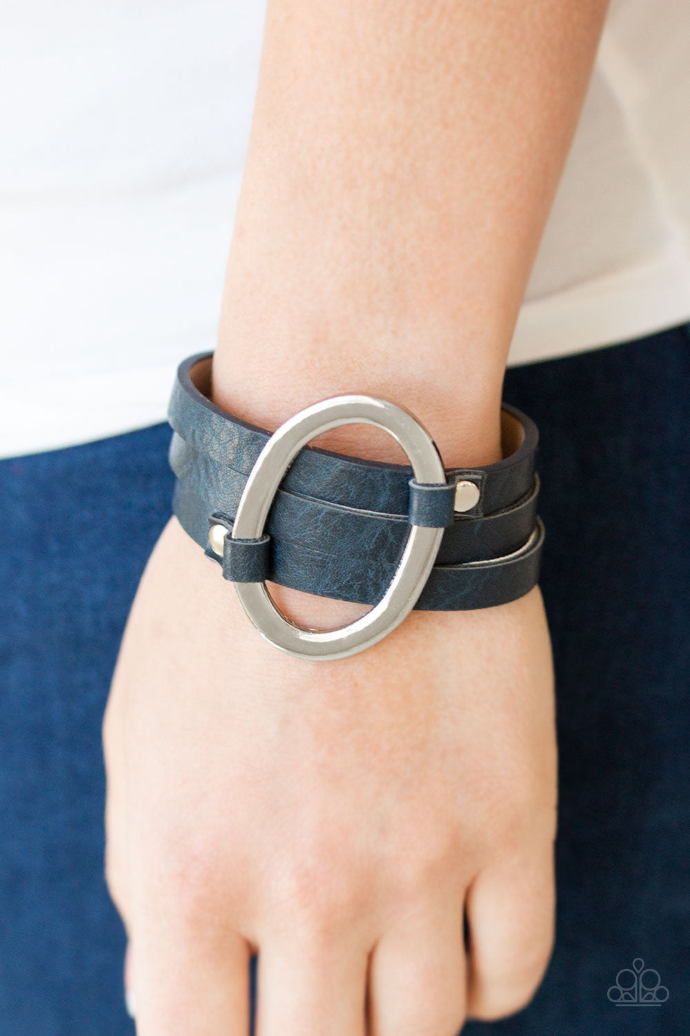 COWGIRL CAVALIER - BLUE NAVY LEATHER SILVER OVAL WRAP BRACELET